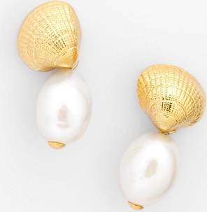ANIA KRUK kolczyki wiszące muszelki z perłami, srebrne pozłacane