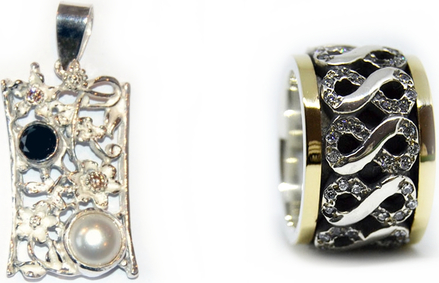Artystyczny pierścień i wisiorek z cyrkonami w srebrnych zdobieniach w zestawie - Astorga