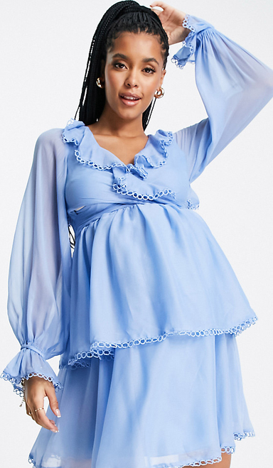 ASOS DESIGN Maternity – Delikatna sukienka mini z falbaną, kopertową talią i pętelkowym wykończeniem-Niebieski