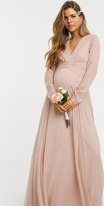 ASOS DESIGN Maternity – Jasnoróżowa sukienka koktajlowa maxi z marszczeniem w talii i plisowaną spódnicą-Różowy