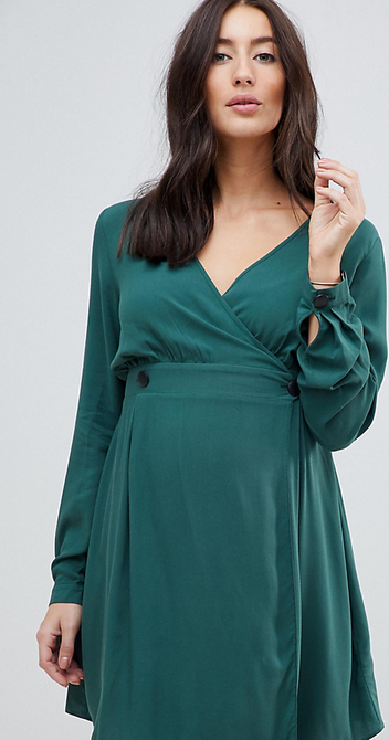 ASOS DESIGN Maternity – Luźna sukienka kopertowa mini z długim rękawem w kolorze leśnej zieleni-Zielony