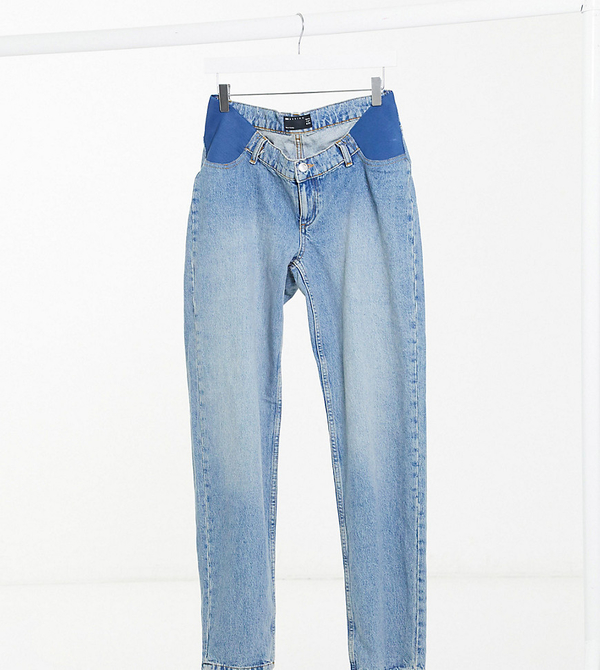 ASOS DESIGN Maternity – Mom jeans o bardzo luźnym kroju z podwyższonym stanem, ściągaczem w talii i autentycznym efektem średniego sprania-Niebieski