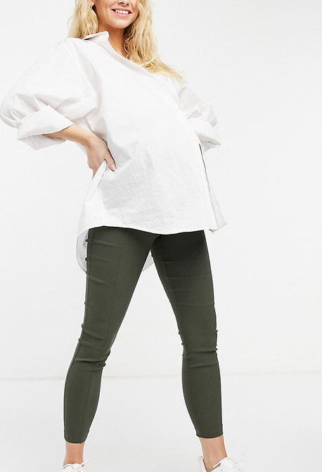 ASOS DESIGN Maternity – Obcisłe spodnie w kolorze khaki z podwyższonym stanem zakrywającym brzuch-Zielony
