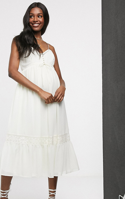 ASOS DESIGN Maternity – Sukienka midi na ramiączkach z guzikami i koronką, ecru-Biały