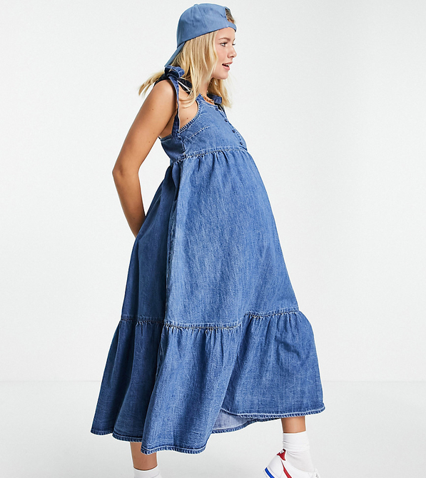 ASOS DESIGN Maternity – Warstwowa sukienka midi z miękkiego jeansu z efektem sprania-Niebieski