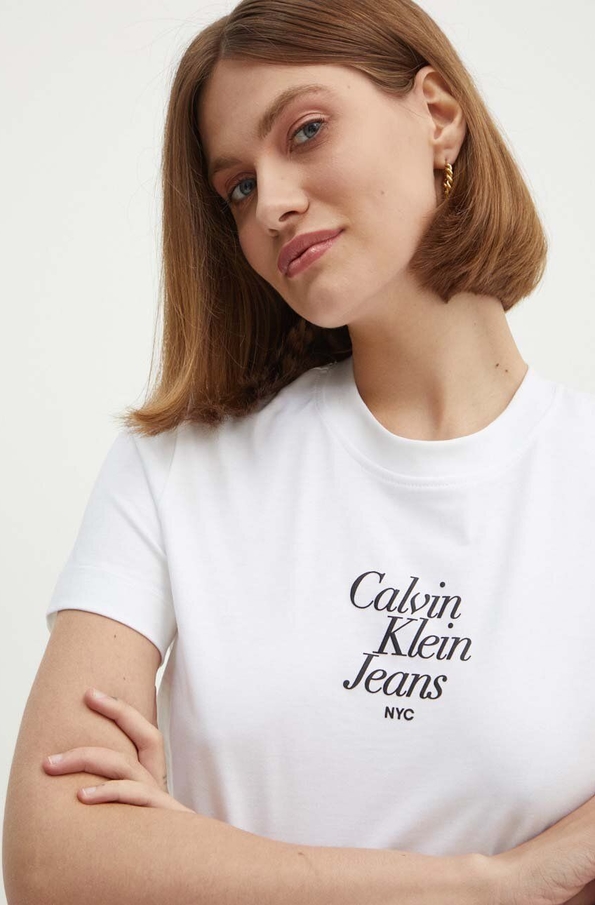 Bluzka Calvin Klein w młodzieżowym stylu z bawełny z okrągłym dekoltem