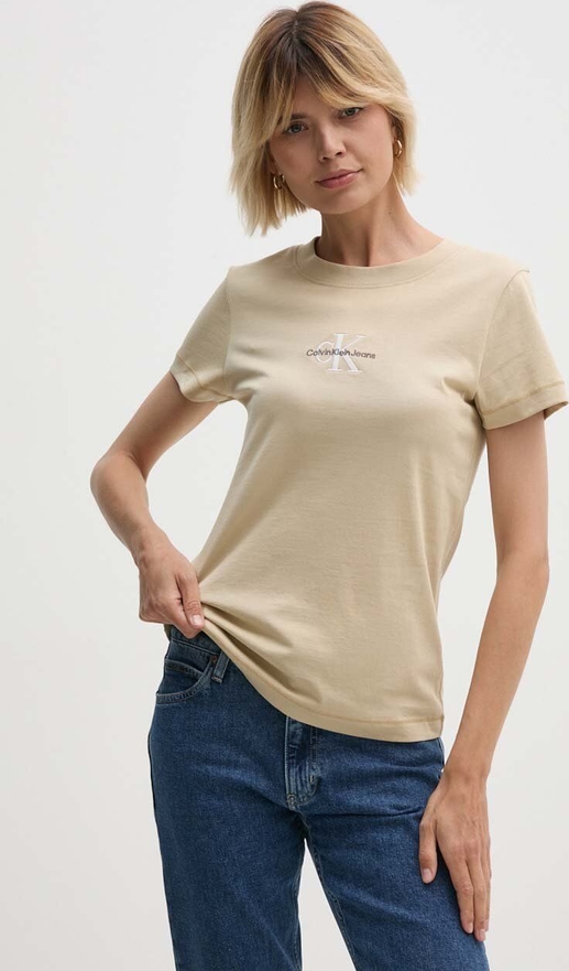 Bluzka Calvin Klein z bawełny z okrągłym dekoltem z krótkim rękawem