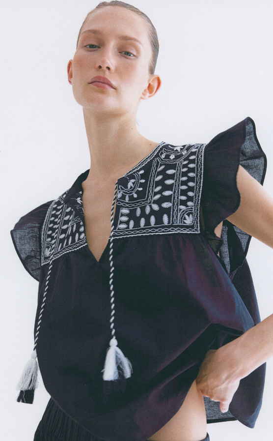 Bluzka H & M w stylu boho z okrągłym dekoltem z krótkim rękawem