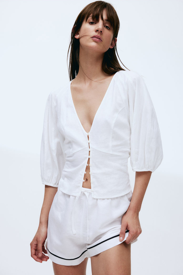 Bluzka H & M z długim rękawem z tkaniny z dekoltem w kształcie litery v