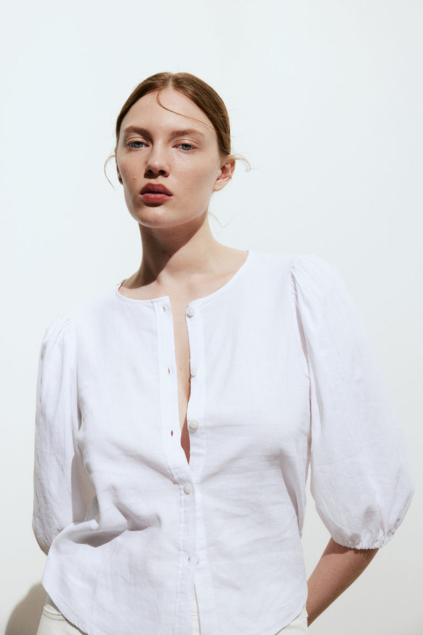 Bluzka H & M z okrągłym dekoltem z długim rękawem z tkaniny
