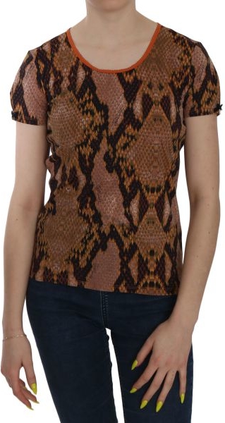 Brązowa bluzka Just Cavalli w młodzieżowym stylu z okrągłym dekoltem z krótkim rękawem