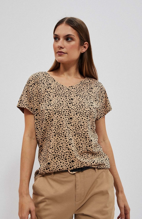 Brązowa bluzka Moodo.pl w stylu casual z krótkim rękawem z okrągłym dekoltem