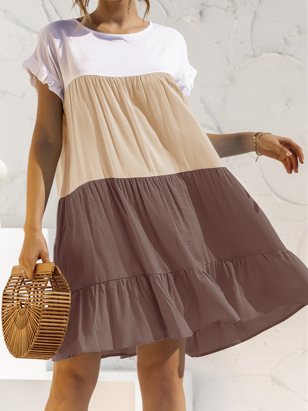 Brązowa sukienka Elegrina mini z okrągłym dekoltem