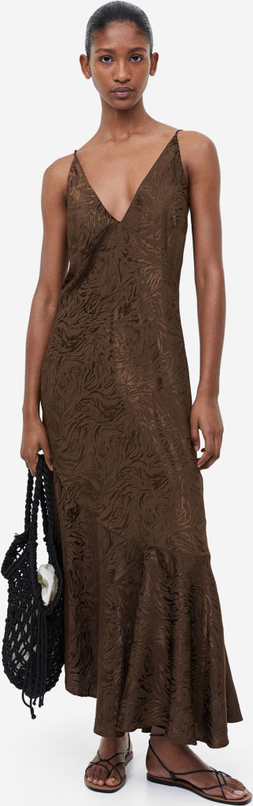 Brązowa sukienka H & M maxi z dekoltem w kształcie litery v