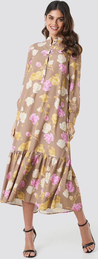 Brązowa sukienka NA-KD Trend z dekoltem w kształcie litery v oversize