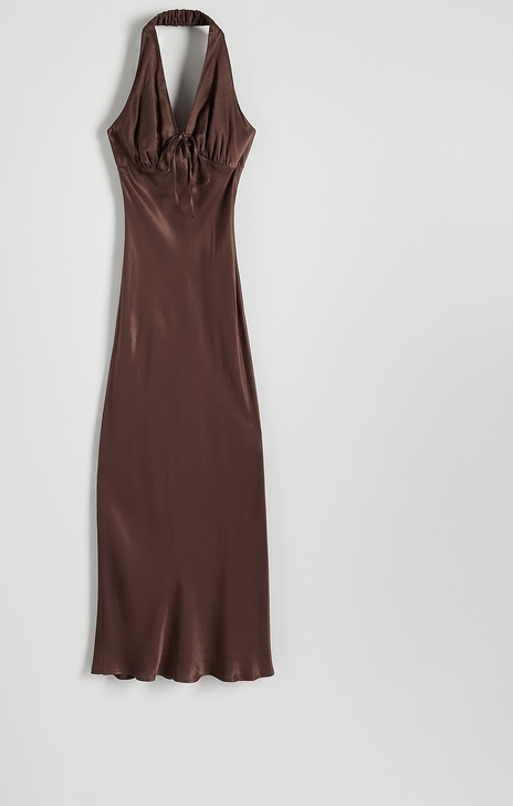 Brązowa sukienka Reserved bez rękawów z tkaniny z dekoltem halter