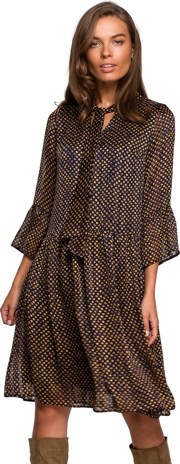Brązowa sukienka Style w stylu casual z szyfonu z dekoltem w kształcie litery v