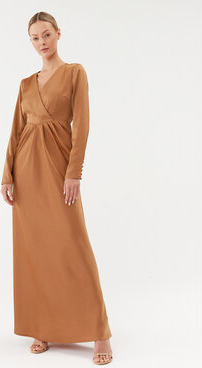 Brązowa sukienka YAS z dekoltem w kształcie litery v maxi z długim rękawem