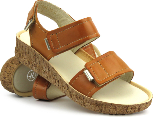 Brązowe sandały Helios Komfort w stylu casual na rzepy ze skóry