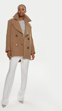 Brązowy płaszcz Pinko w stylu casual z wełny bez kaptura