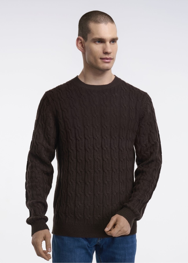 Brązowy sweter Ochnik w stylu casual z wełny z okrągłym dekoltem
