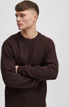 Brązowy sweter Solid z okrągłym dekoltem w stylu casual