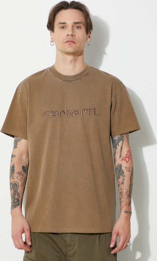 Brązowy t-shirt Carhartt WIP z krótkim rękawem w młodzieżowym stylu z bawełny