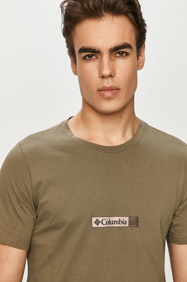 Brązowy t-shirt Columbia z bawełny z krótkim rękawem z nadrukiem