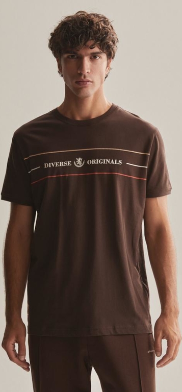 Brązowy t-shirt Diverse w stylu retro z krótkim rękawem