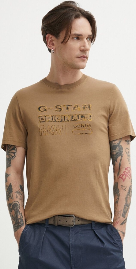 Brązowy t-shirt G-Star Raw z bawełny
