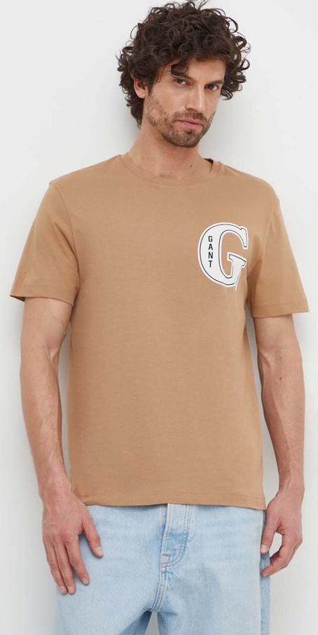 Brązowy t-shirt Gant z bawełny z krótkim rękawem w młodzieżowym stylu