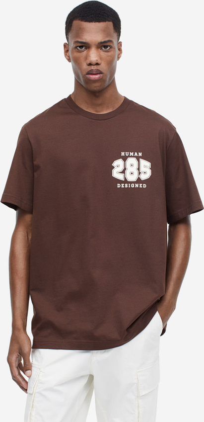 Brązowy t-shirt H & M z nadrukiem z krótkim rękawem