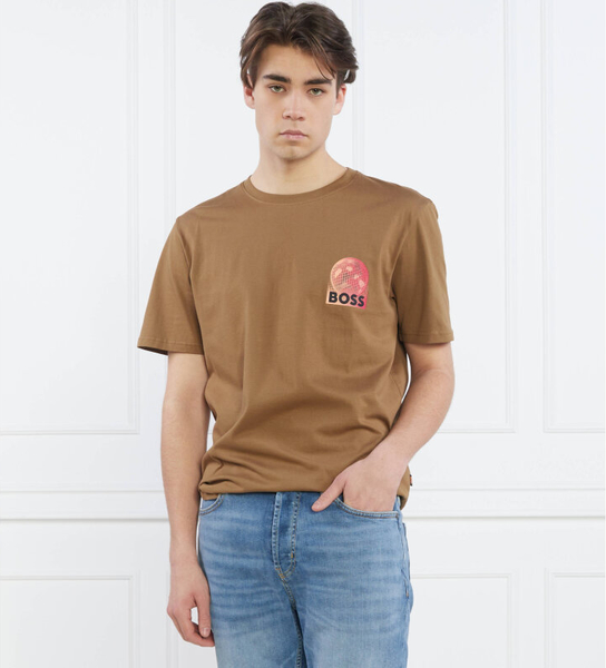 Brązowy t-shirt Hugo Boss z bawełny z krótkim rękawem z nadrukiem