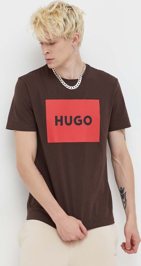Brązowy t-shirt Hugo Boss z nadrukiem w młodzieżowym stylu z krótkim rękawem