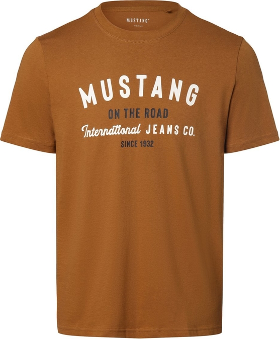 Brązowy t-shirt Mustang z krótkim rękawem z bawełny z nadrukiem