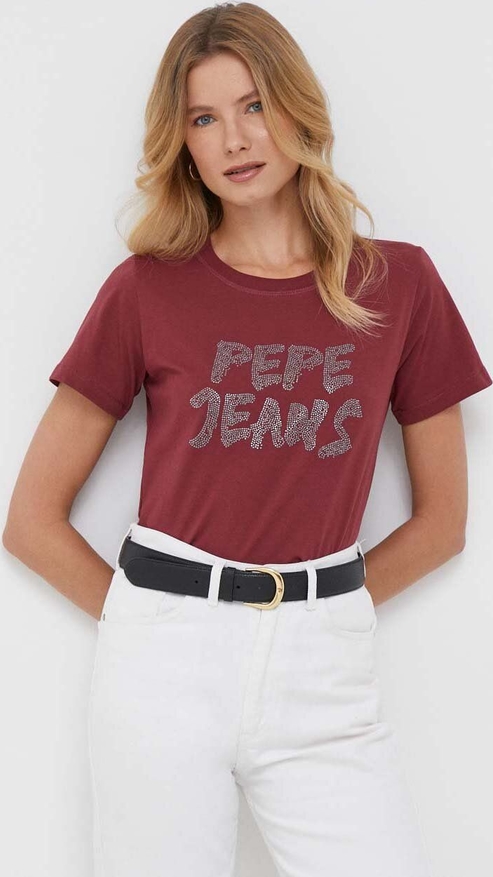 Brązowy t-shirt Pepe Jeans z bawełny z krótkim rękawem w młodzieżowym stylu