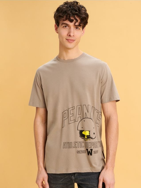 Brązowy t-shirt Sinsay z nadrukiem w młodzieżowym stylu z krótkim rękawem
