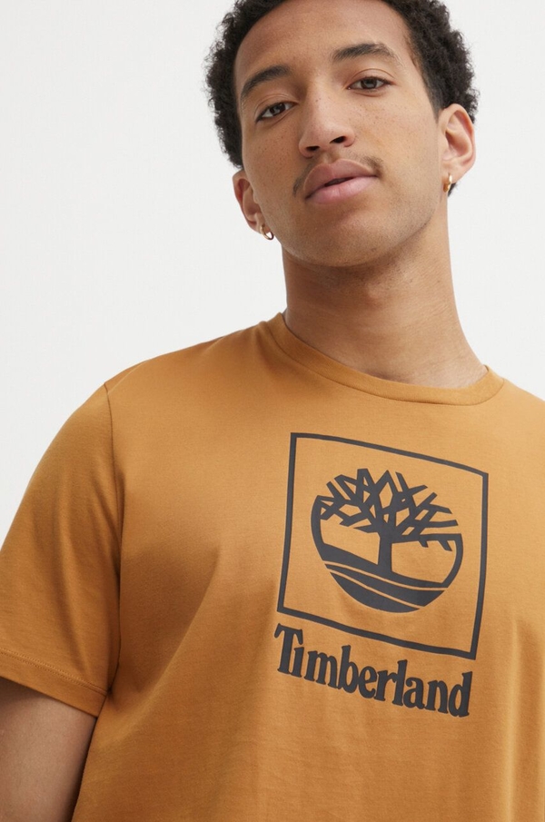 Brązowy t-shirt Timberland w młodzieżowym stylu z bawełny z nadrukiem