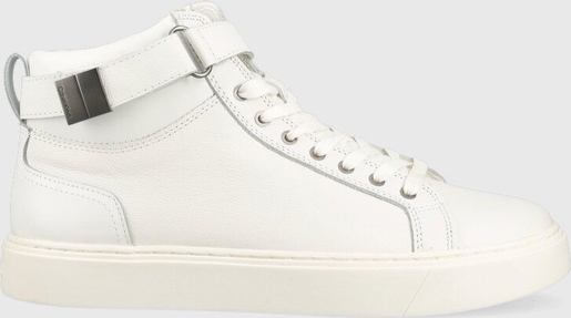 Calvin Klein sneakersy skórzane HIGH TOP LACE UP W/PLAQUE kolor biały HM0HM00973