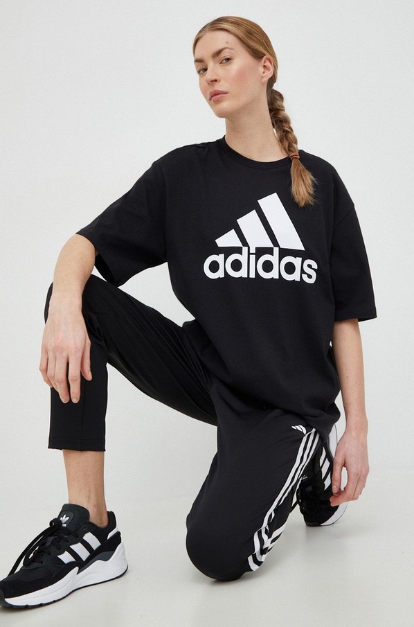 Czarna bluzka Adidas z okrągłym dekoltem z bawełny