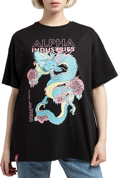Czarna bluzka Alpha Industries z nadrukiem z krótkim rękawem w stylu klasycznym