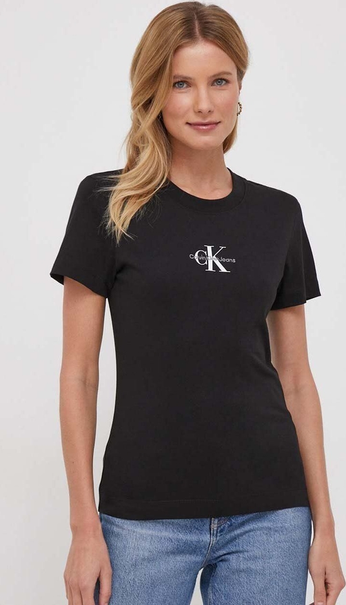 Czarna bluzka Calvin Klein w młodzieżowym stylu z okrągłym dekoltem z bawełny