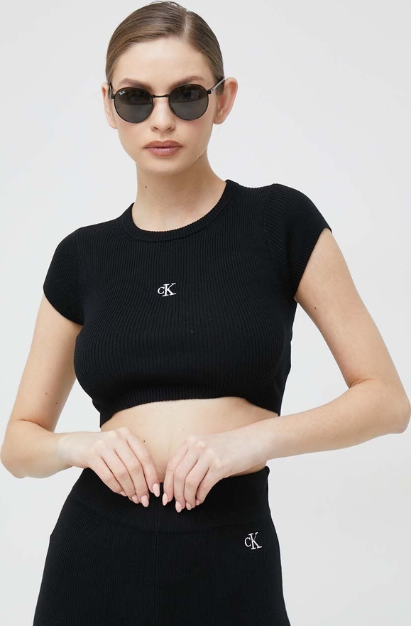 Czarna bluzka Calvin Klein w stylu casual z krótkim rękawem z jedwabiu