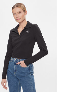Czarna bluzka Calvin Klein z kołnierzykiem z długim rękawem