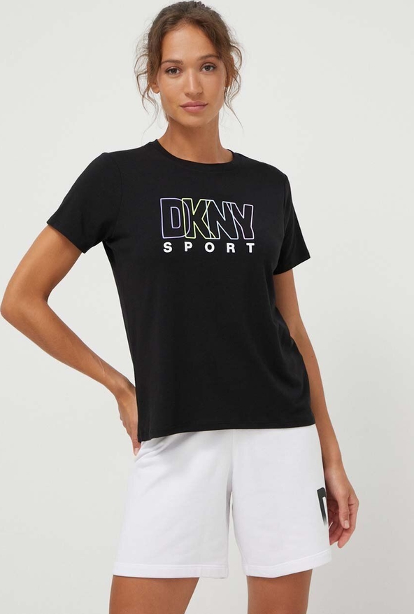 Czarna bluzka DKNY w młodzieżowym stylu z okrągłym dekoltem