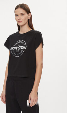 Czarna bluzka DKNY z krótkim rękawem z okrągłym dekoltem
