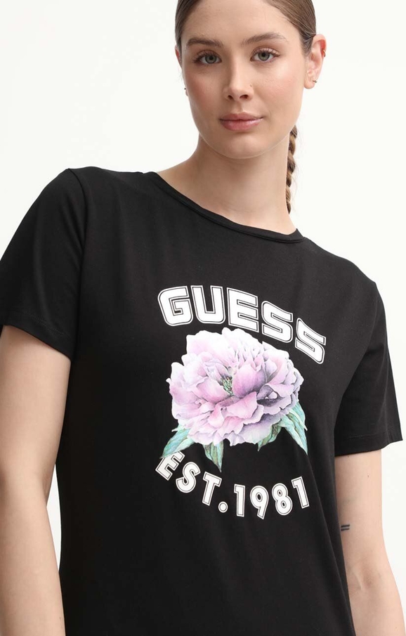 Czarna bluzka Guess z krótkim rękawem z okrągłym dekoltem w młodzieżowym stylu
