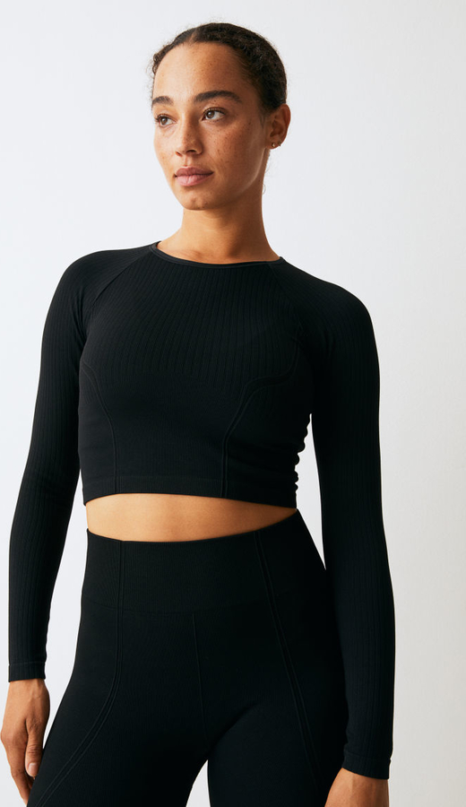 Czarna bluzka H & M w sportowym stylu z długim rękawem z okrągłym dekoltem