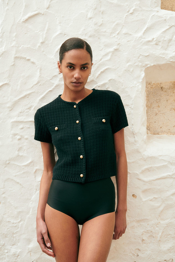 Czarna bluzka H & M z okrągłym dekoltem w stylu casual z krótkim rękawem