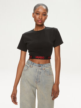 Czarna bluzka Hugo Boss z okrągłym dekoltem w stylu casual z krótkim rękawem